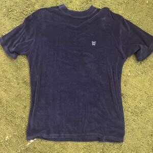 Needles T Shirt Mens L Dark Blue Velour Velvet Short Sleeve Logo Made In Japan